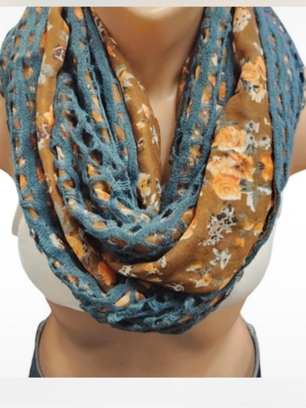 Floral Knit Infinity Scarf in Teal and Marigolds